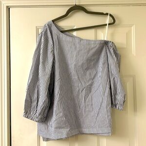 Ralph Lauren Blue/White CottonStriped 3/4 Sleeve Off One Shoulder Blouse NWT